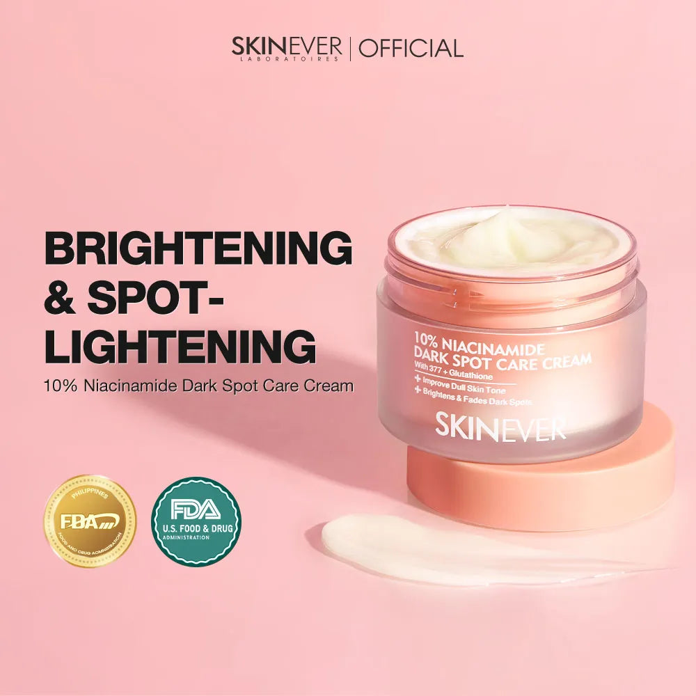 SKINEVER Brightening & Spot-Lightening 10% Niacinamide Dark Spot Care Cream in a clear jar with a peach-colored lid, displayed on a pink background with FDA badges.