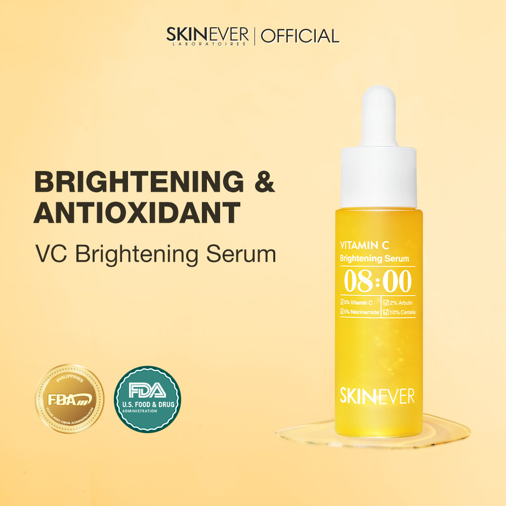 SKINever Vitamin C Brightening Serum bottle on a beige background with branding and certification logos.