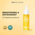 SKINever Vitamin C Brightening Serum bottle on a beige background with branding and certification logos.