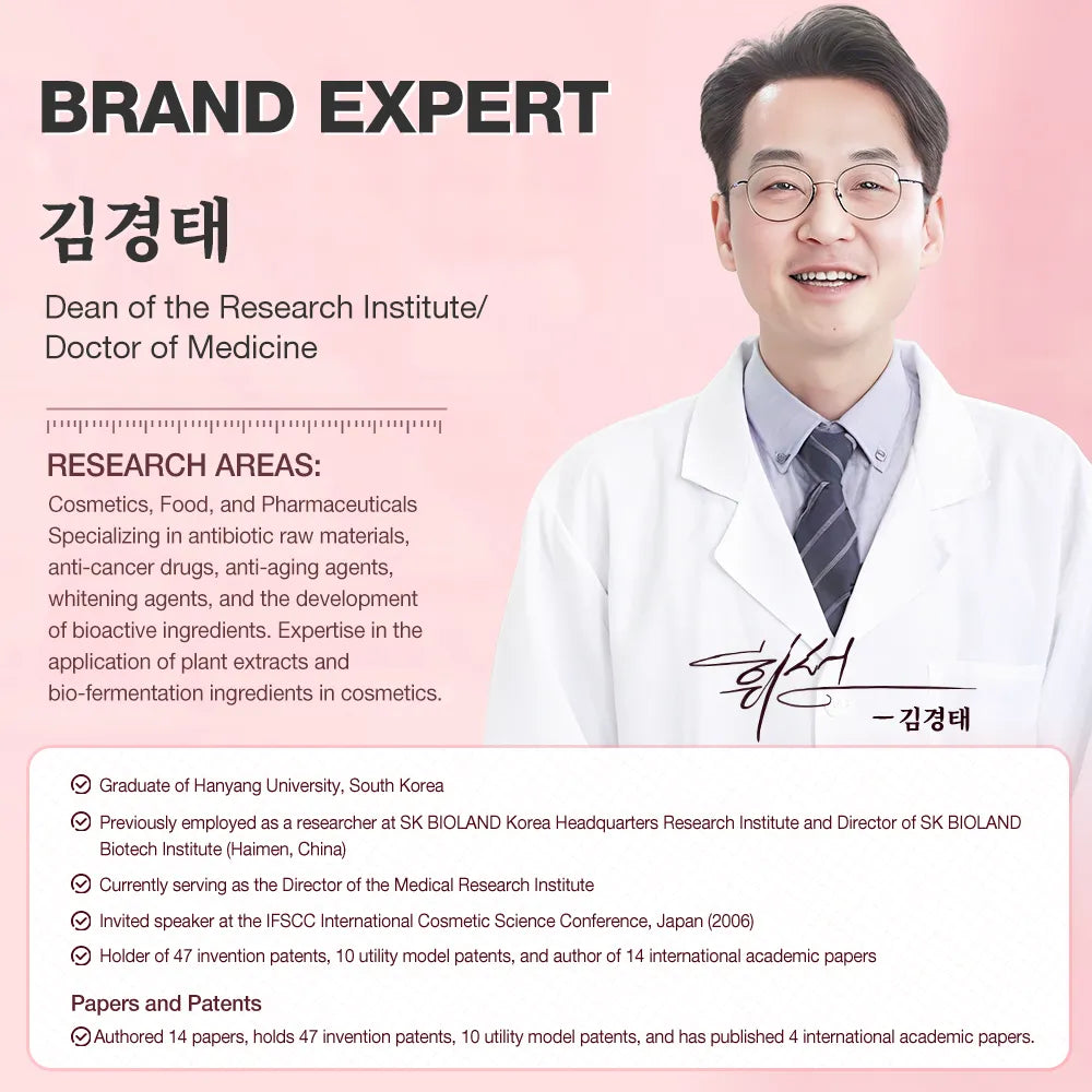 Person in a white coat with educational and professional details on a pink background
