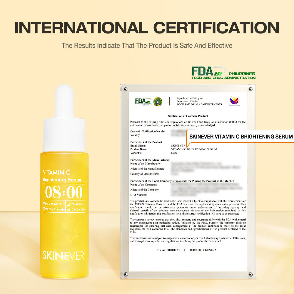 Skinever Vitamin C Brightening Serum with FDA certification on a beige background