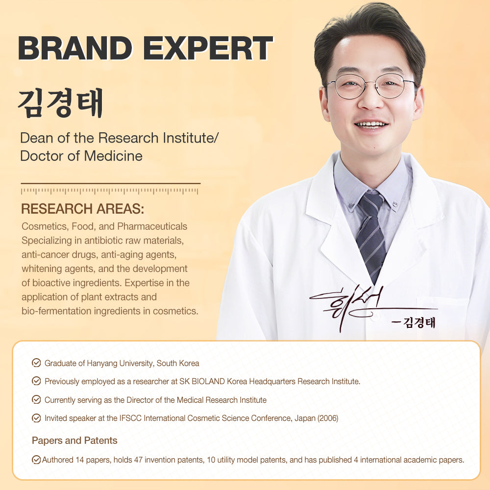 Person in a white lab coat with educational and professional details on a beige background