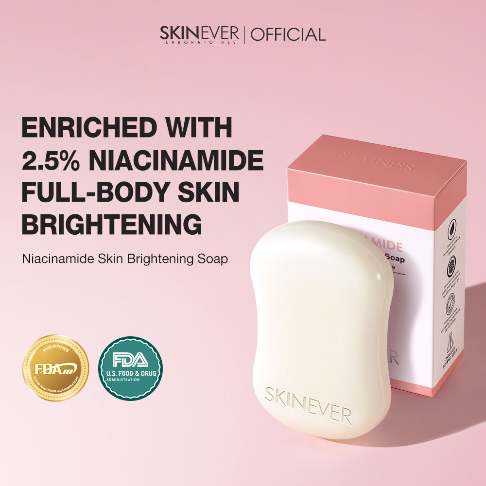 A bar of SKINEVER skin brightening soap in an off-white rounded shape, shown next to its pink and white packaging box. The background is a soft pink, with promotional text highlighting 2.