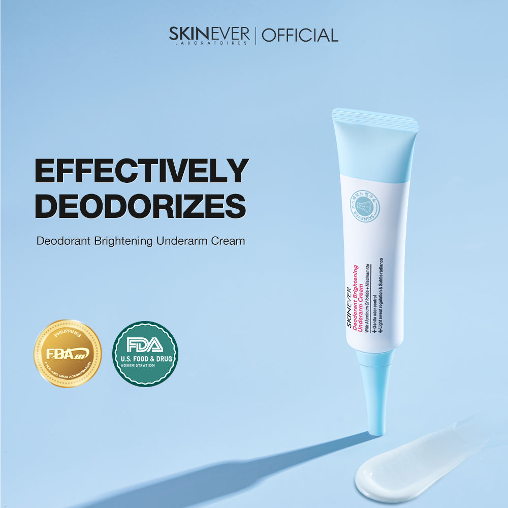 Deodorant brightening underarm cream tube with certification logos on a light blue background