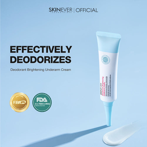 Deodorant brightening underarm cream tube with certification logos on a light blue background