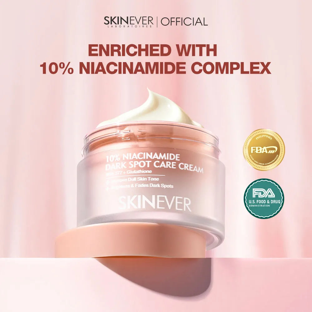 SKINEVER cream jar with text about niacinamide complex on a pink background