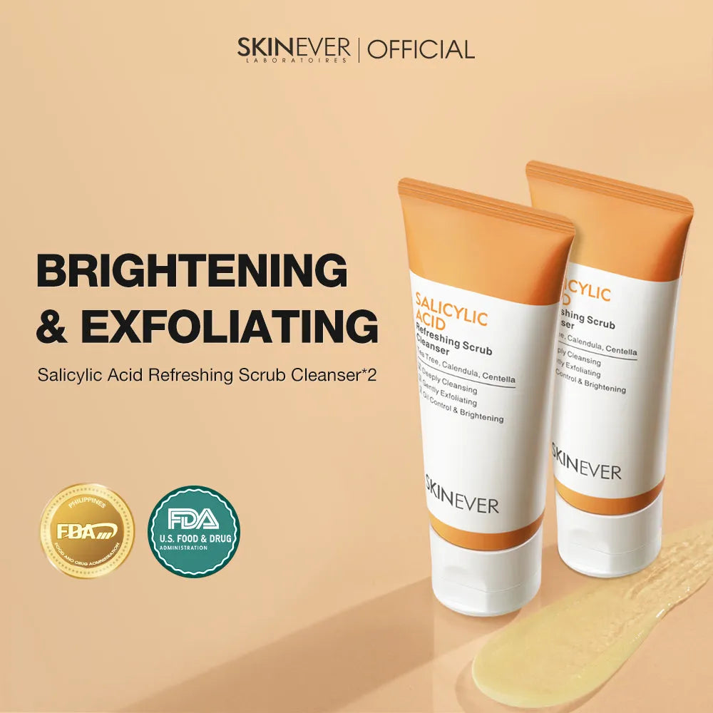 Two SKINEVER Brightening & Exfoliating Salicylic Acid Refreshing Scrub Cleanser tubes on a warm beige background with product text, certification seals, and a smear of cream.