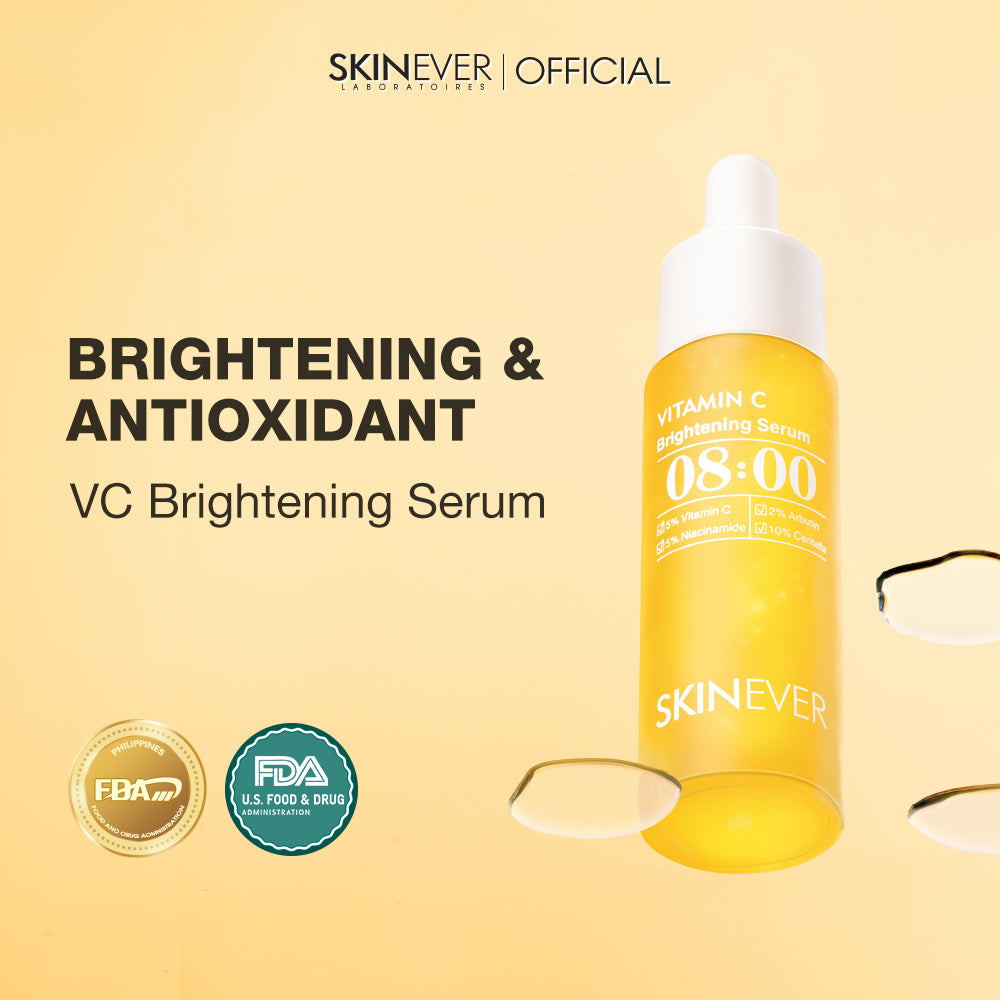 SKINEVER VC Brightening Serum 08:00 in a yellow dropper bottle, displayed on a warm beige background with promotional text and certification badges.