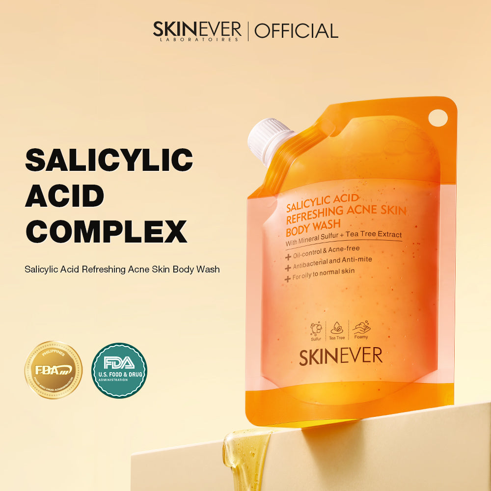 SKINEVER body wash packaging with salicylic acid complex on a beige background