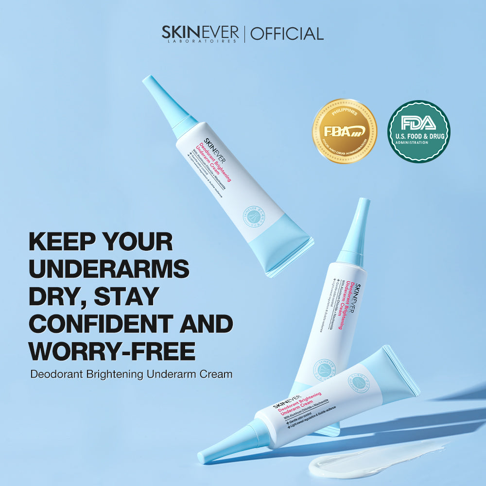 Skinner deodorant brightening underarm cream with certification logos on a light blue background