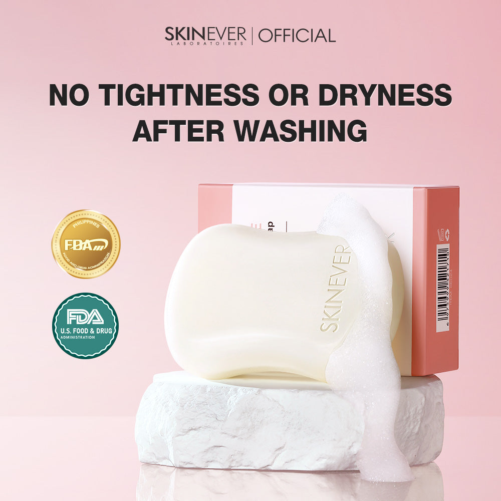 Skinever soap bar with packaging on a pink background, featuring FDA logos.