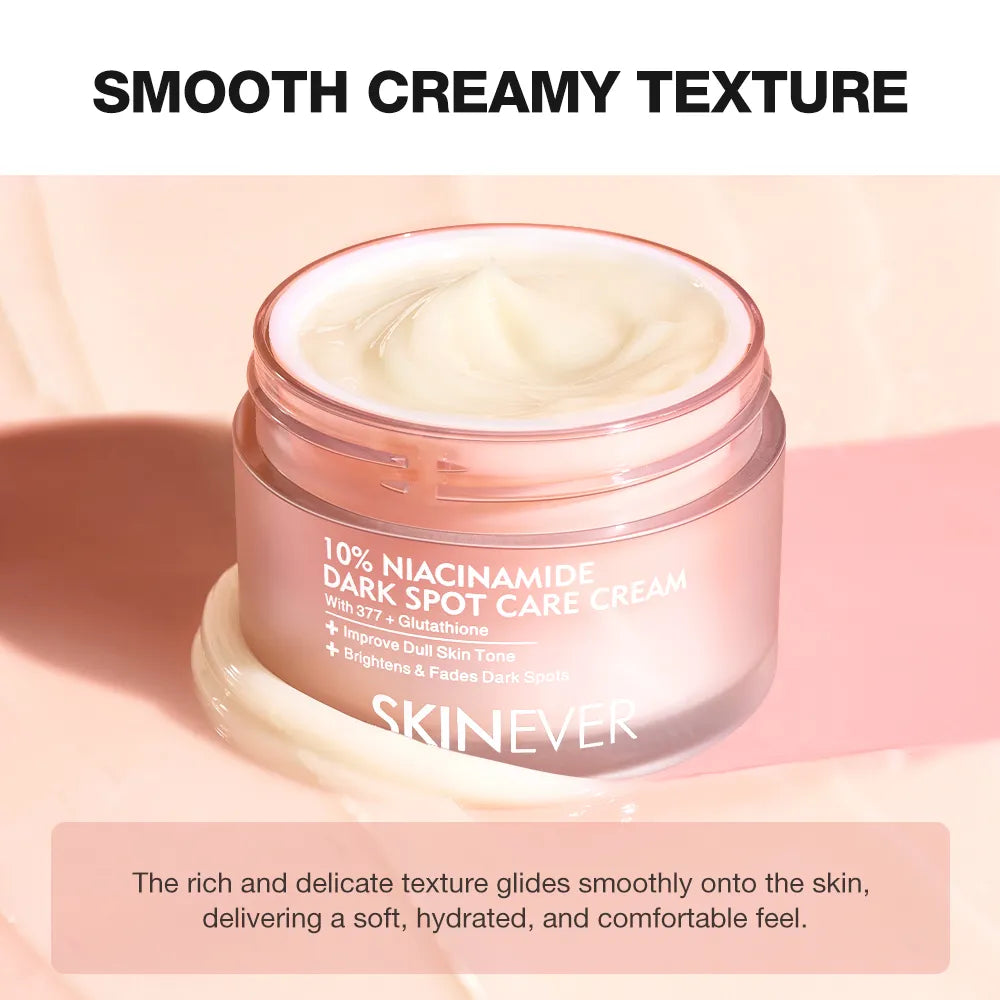 Skinnerver dark spot care cream jar with smooth creamy texture on a pink background
