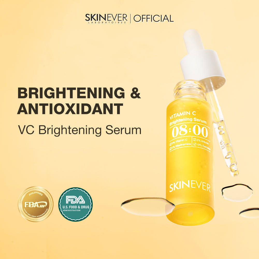SKINEVER VC Brightening Serum bottle with dropper on a beige background