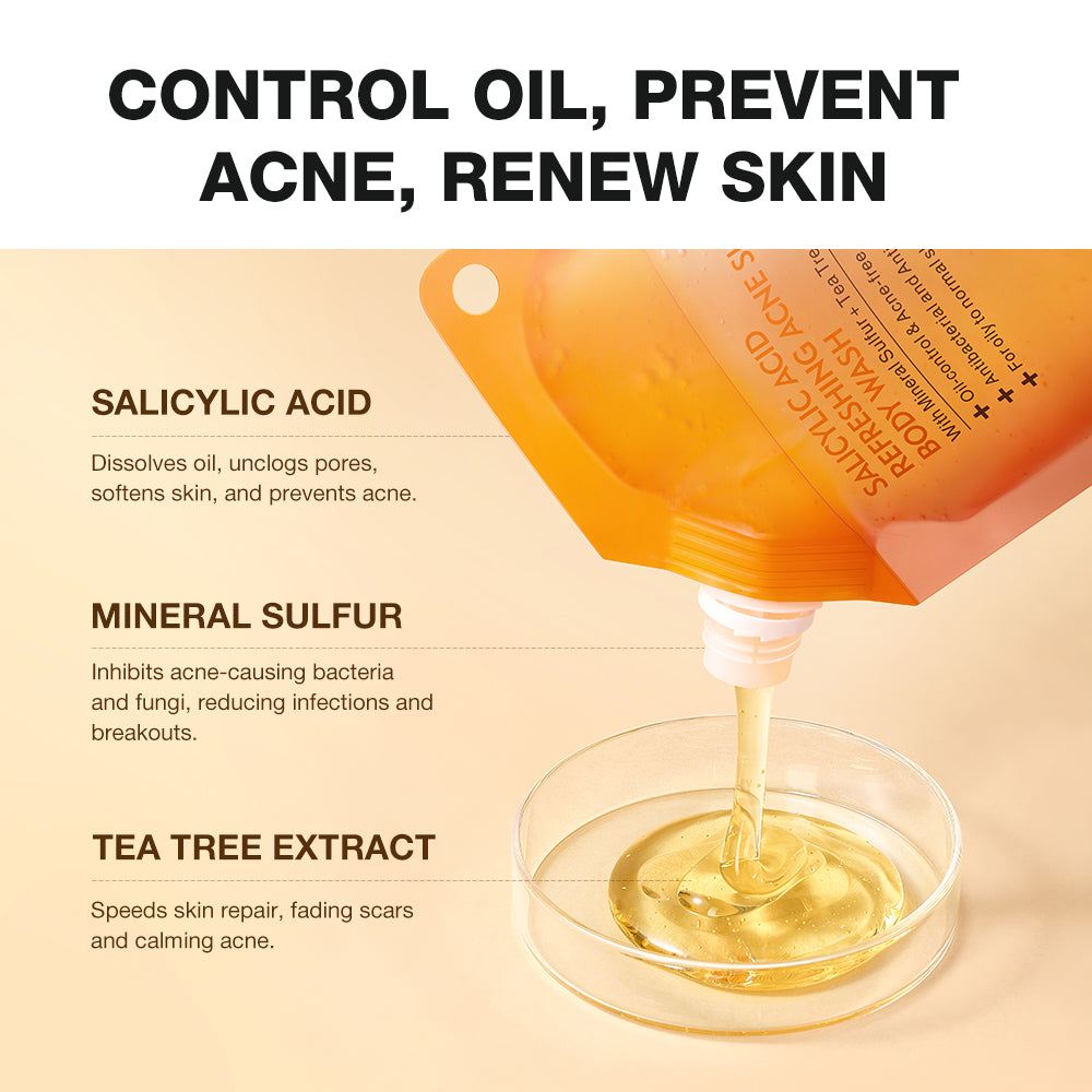Product packaging with oil being poured into a dish, labeled for control oil, acne prevention, and skin renewal.