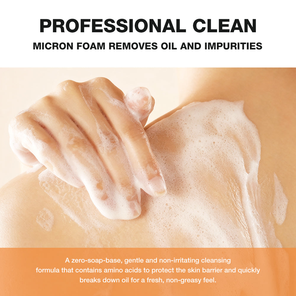 Person applying foam to skin with text about micron foam cleansing.