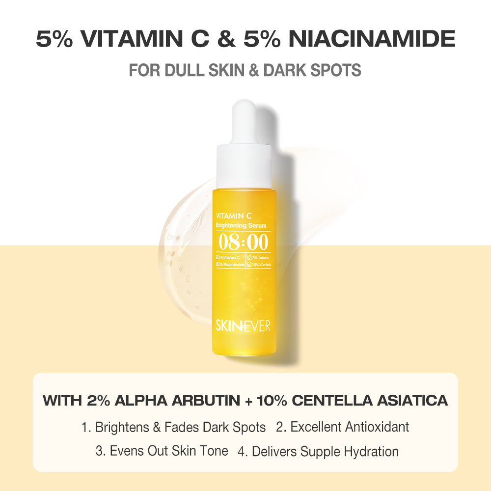 A skincare bottle labeled SKIN EVER Vitamin C Brightening Serum 08:00, shown against a split white and pale yellow background with promotional text about vitamin C, niacinamide, alpha arbutin, and centella asiatica.