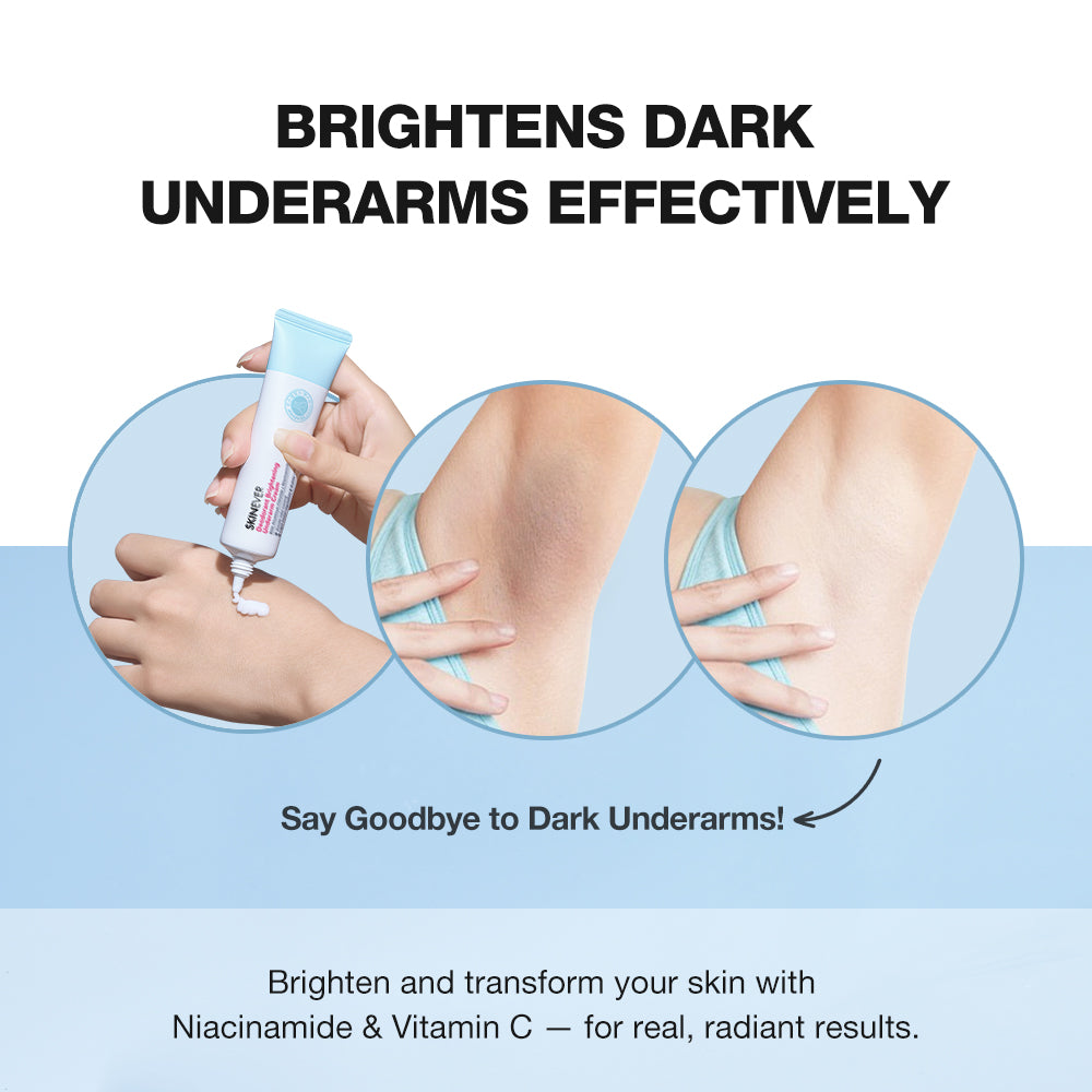 Product for brightening dark underarms with text on a light blue background