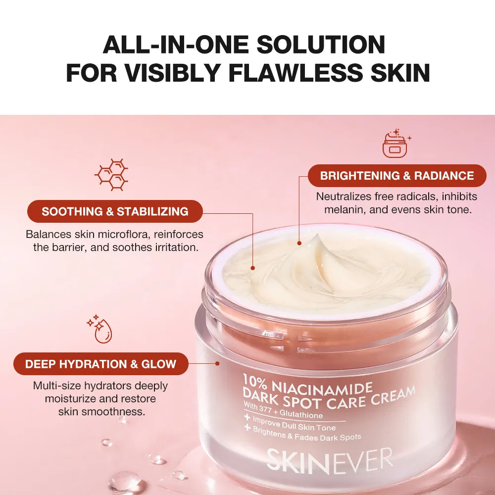 Skinnerver dark spot care cream jar with text on a pink background