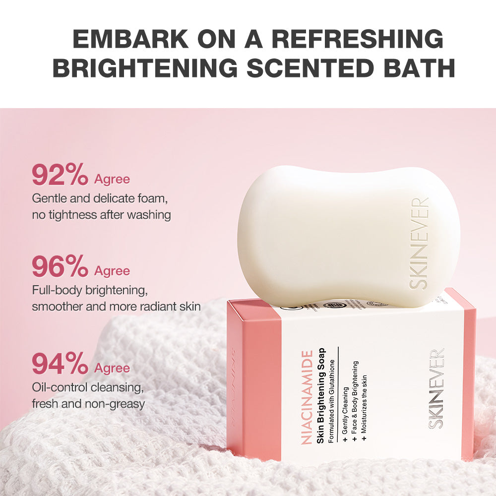 SKIN NEVER niacinamide skin brightening soap with product details on a pink background