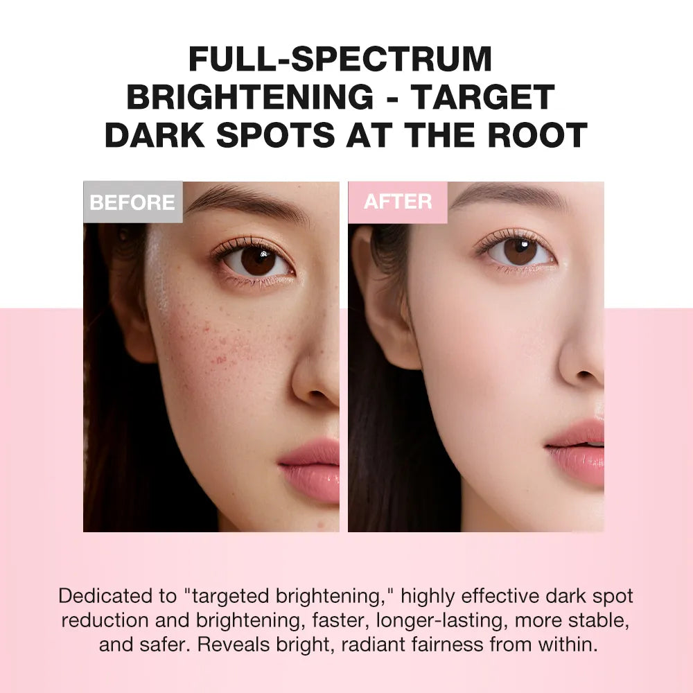 Before and after comparison of a person's face with dark spots, using a skincare product for full-spectrum brightening.