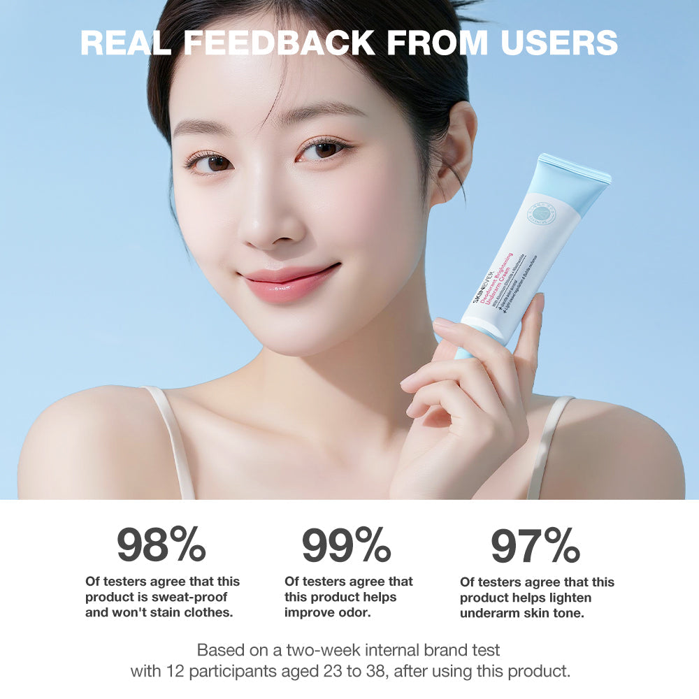 Woman holding a skincare product with user feedback statistics on a light blue background