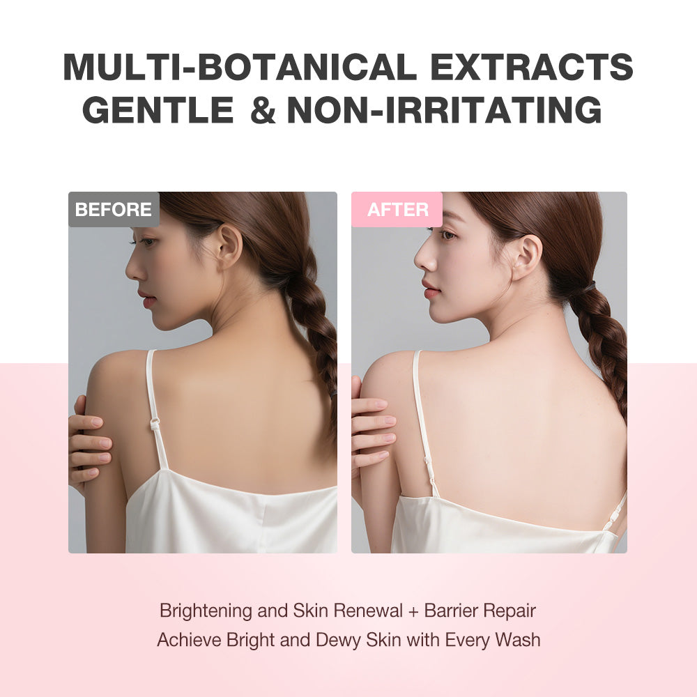 Before and after comparison of skin with multi-botanical extracts on a gray background