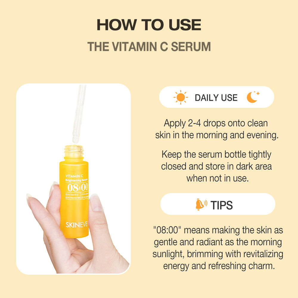 Vitamin C serum bottle with usage instructions on a beige background