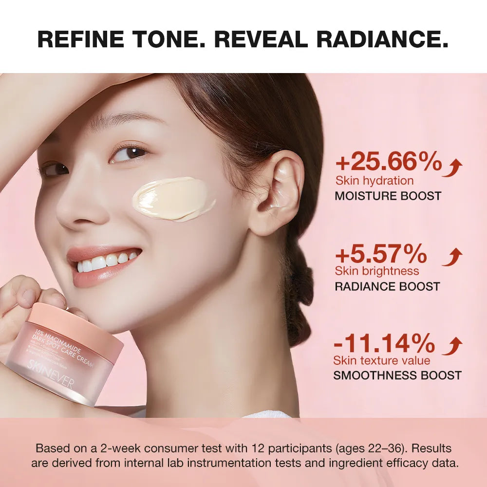 Woman applying cream with skincare benefits displayed on a pink background