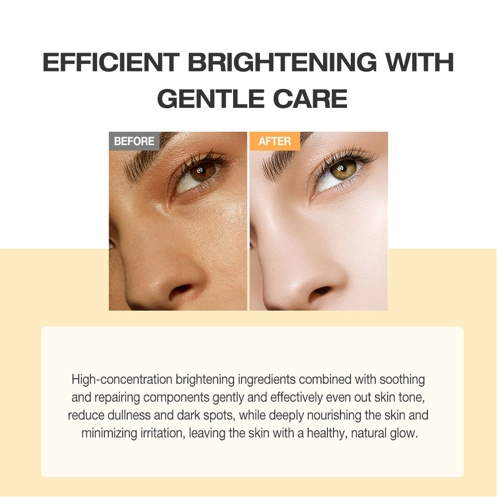 Before and after comparison of skin brightening treatment with text about product benefits.