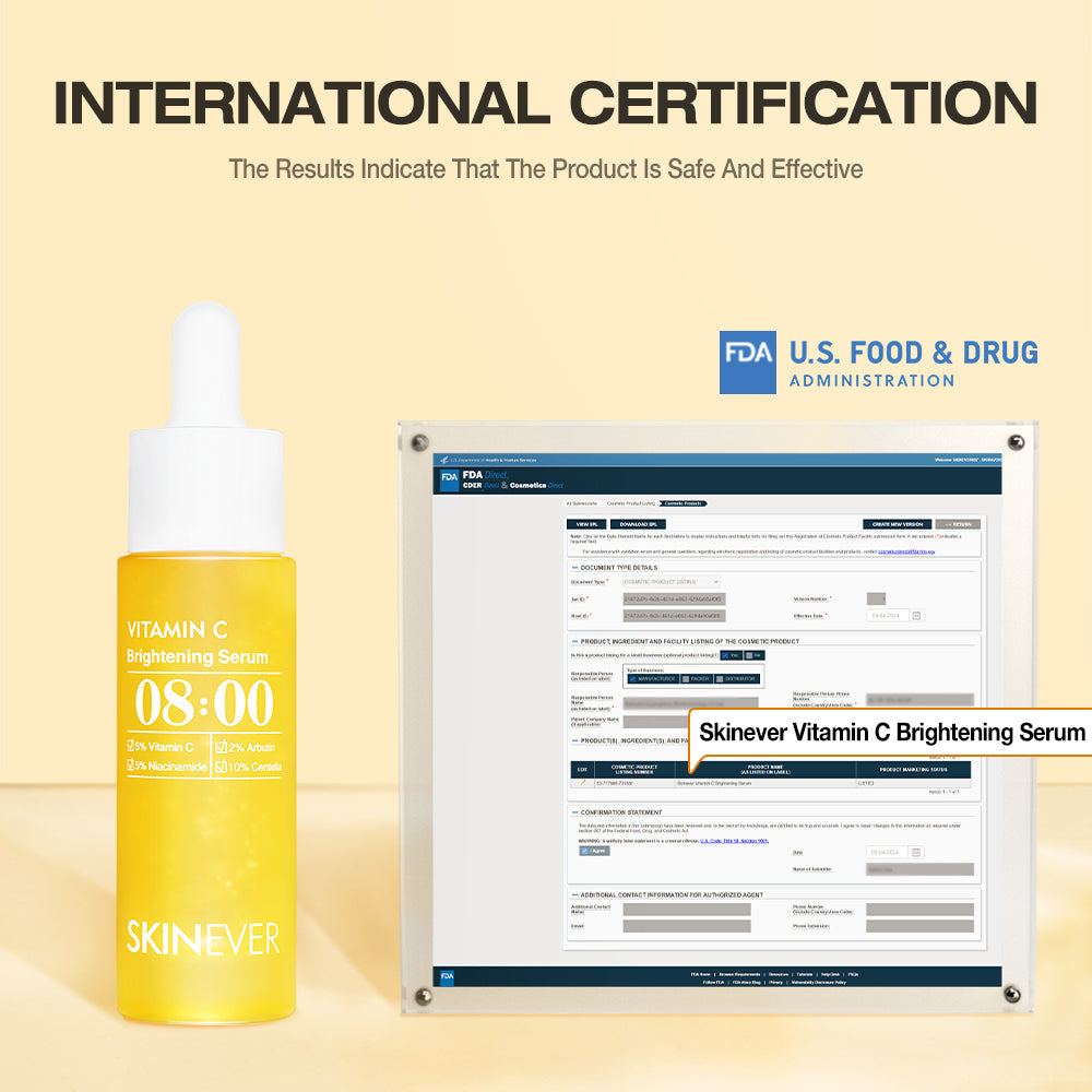 Skinner Vitamin C Brightening Serum with FDA certification on a beige background