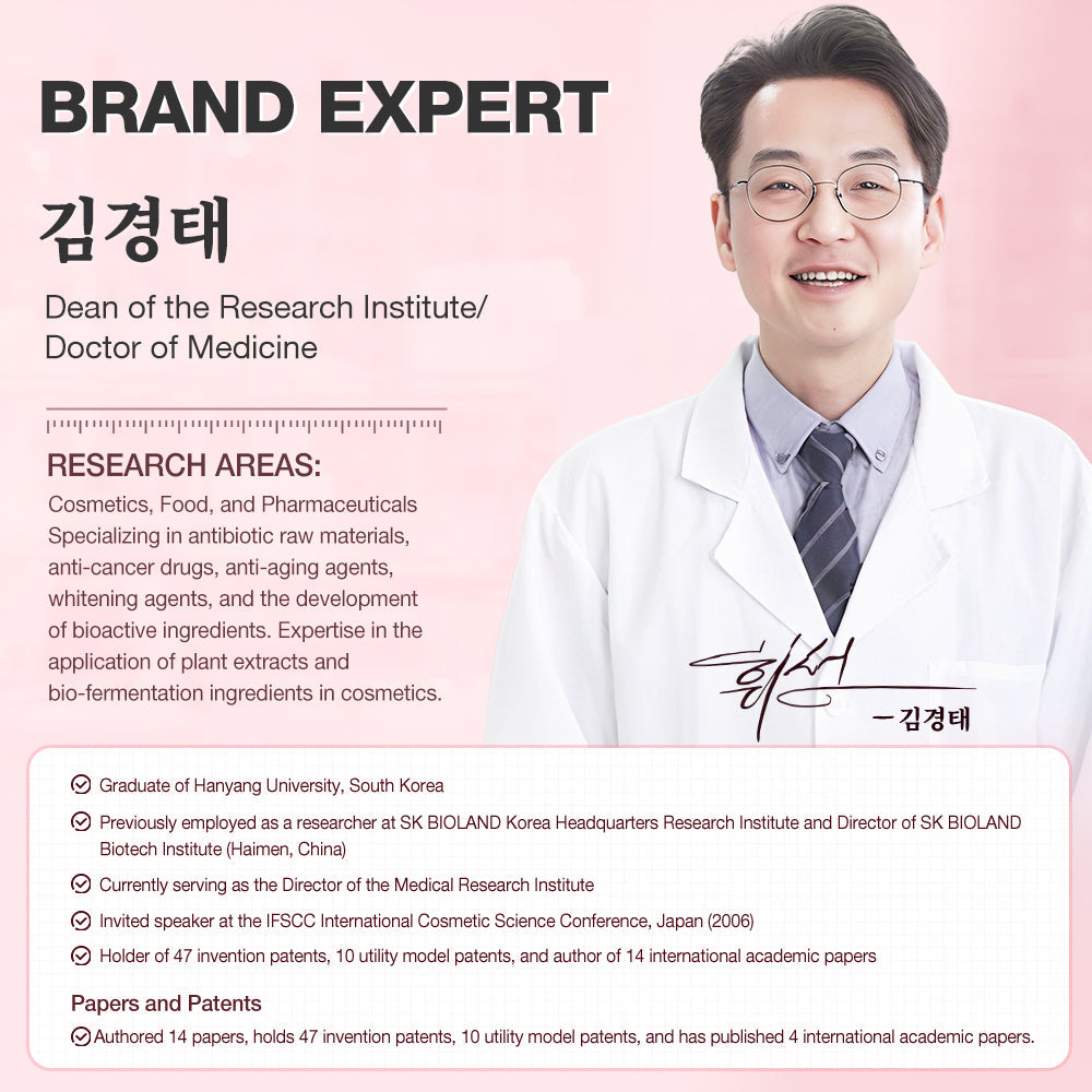 Person in a white lab coat with educational and professional details on a pink background