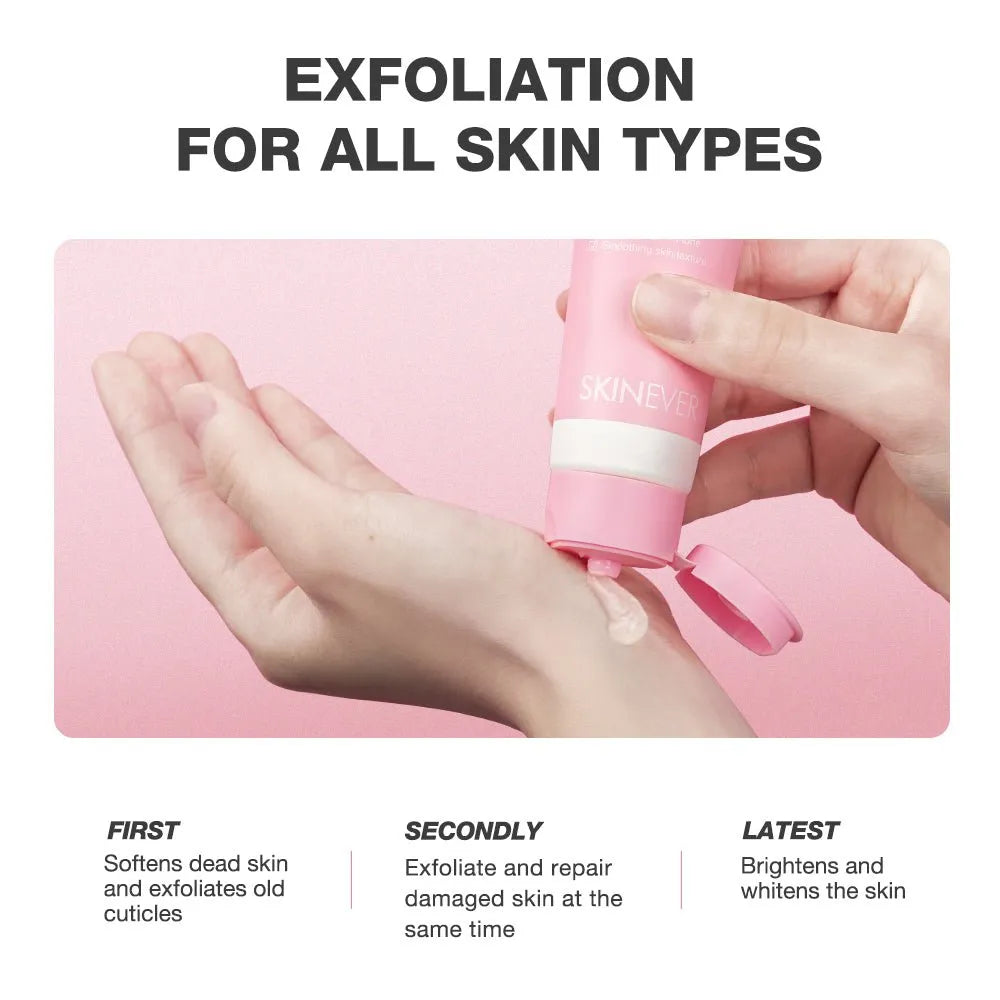 A pink skincare exfoliating tube labeled SKINEVER is being squeezed to dispense a clear gel onto an open palm, with text above reading 'EXFOLIATION FOR ALL SKIN TYPES' and three benefit points below.