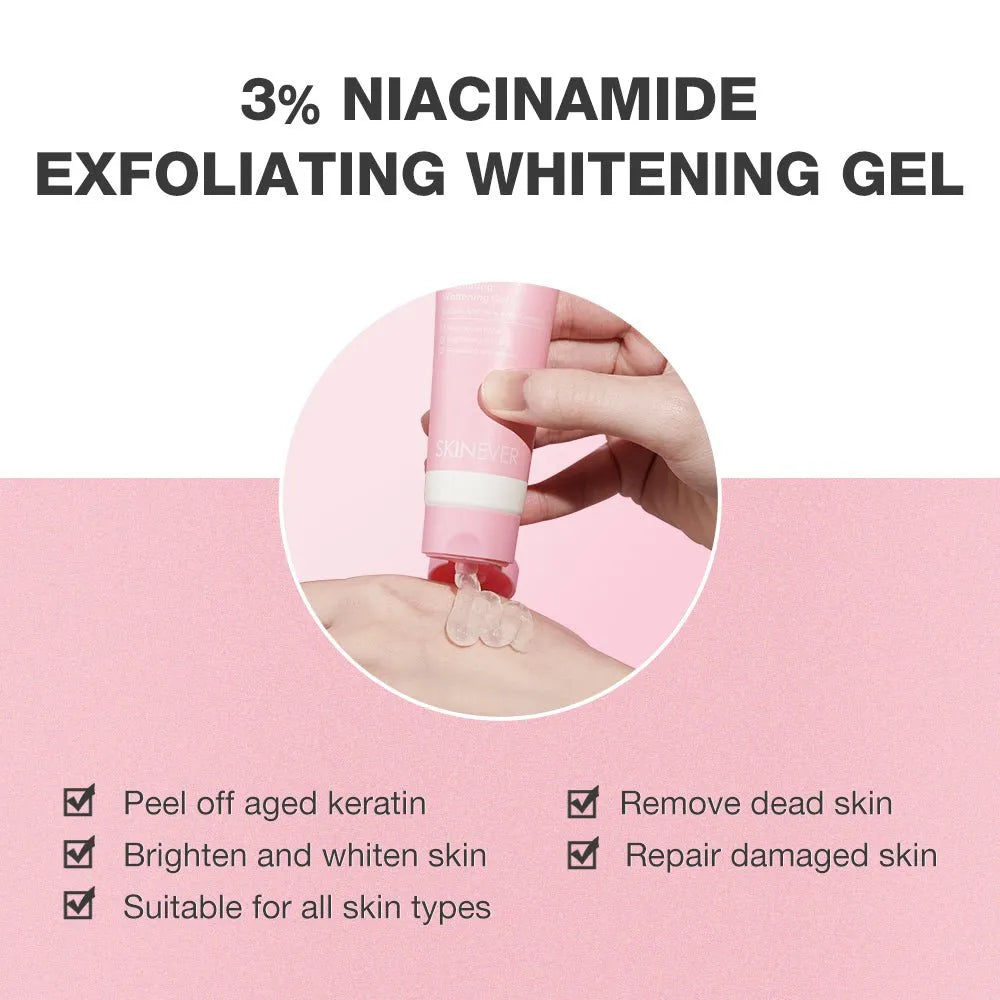 Promotional graphic for 3% Niacinamide Exfoliating Whitening Gel. The top half is white with black text, and the bottom half is pink.