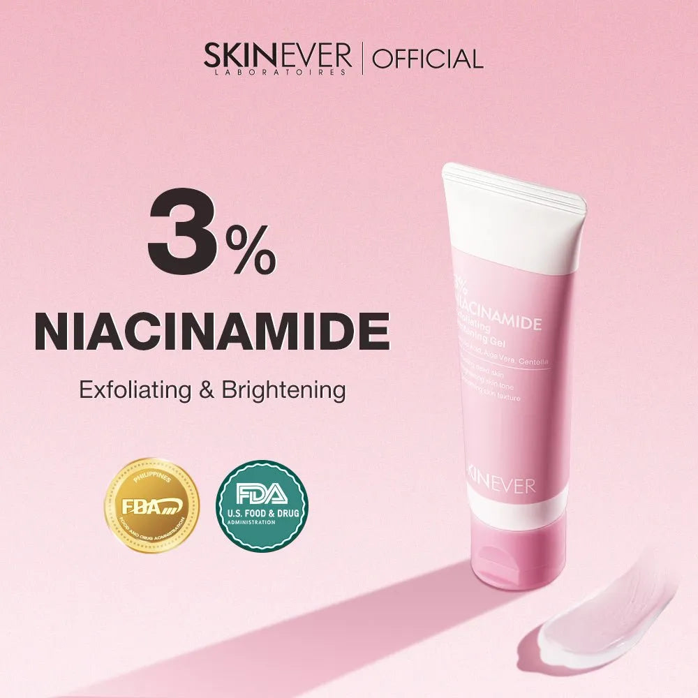 A pink and white tube of SKINEVER Niacinamide Exfoliating & Brightening cream on a light pink background, with promotional text reading '3% NIACINAMIDE' and FDA/FBA certification seals.