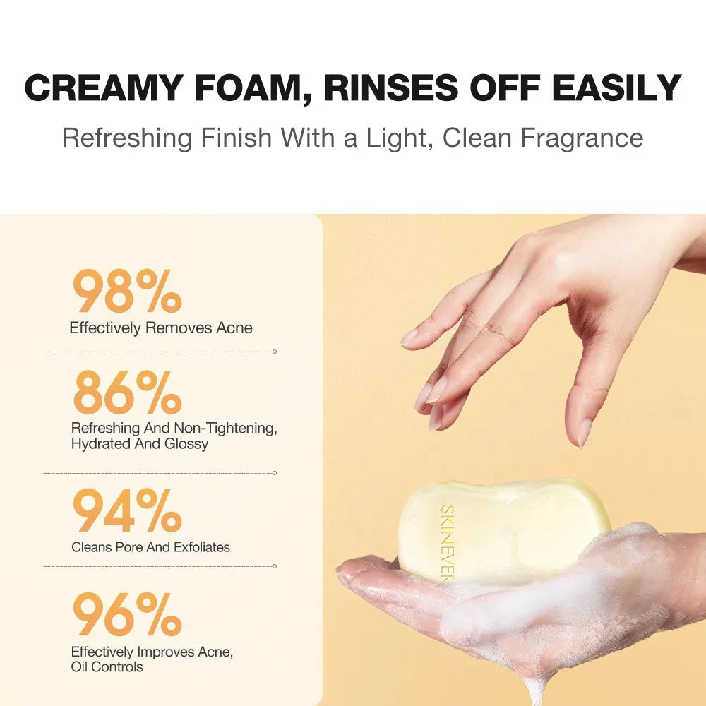 Product advertisement with hand holding a bar of soap and text about its benefits on a yellow background
