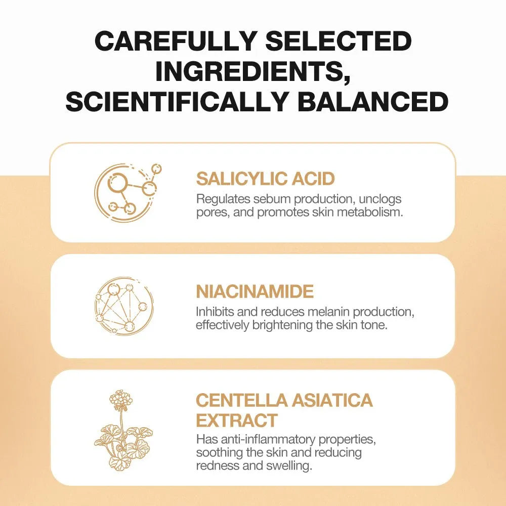 List of skincare ingredients with descriptions on a beige background