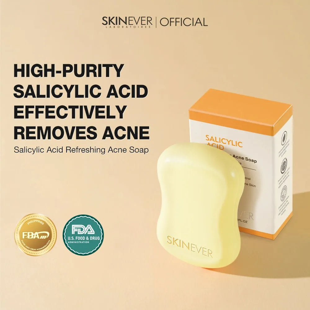 Skinever Salicylic Acid Refreshing Acne Soap with packaging on a beige background
