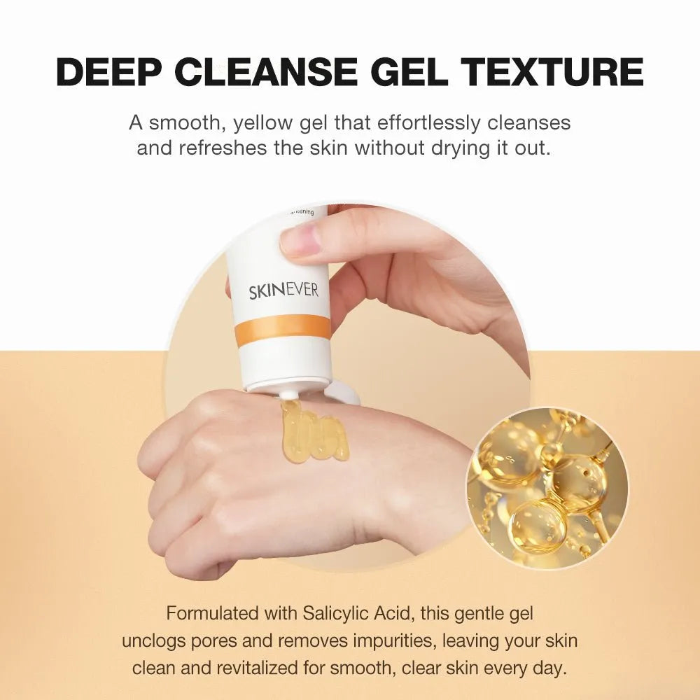 SKINEVER deep cleanse gel being applied to skin with product details.
