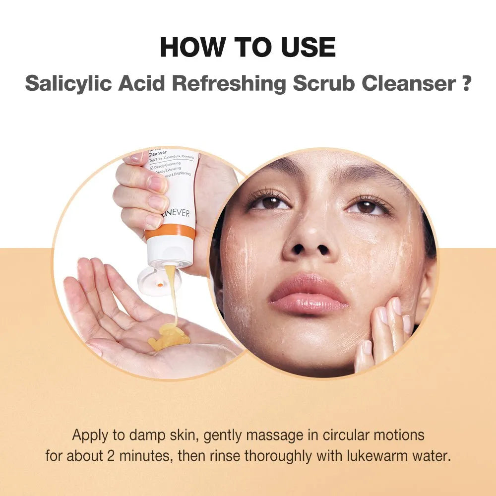 Instructional graphic for a salicylic acid refreshing scrub cleanser, showing a hand holding a tube and dispensing yellow scrub onto a palm, alongside a close-up of a woman's face with the cleanser applied. Text explains how to use the product.