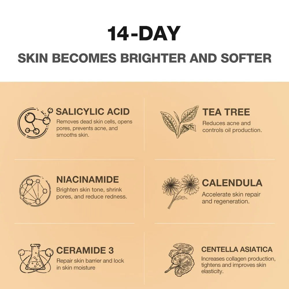 Product label with ingredients and their benefits on a beige background