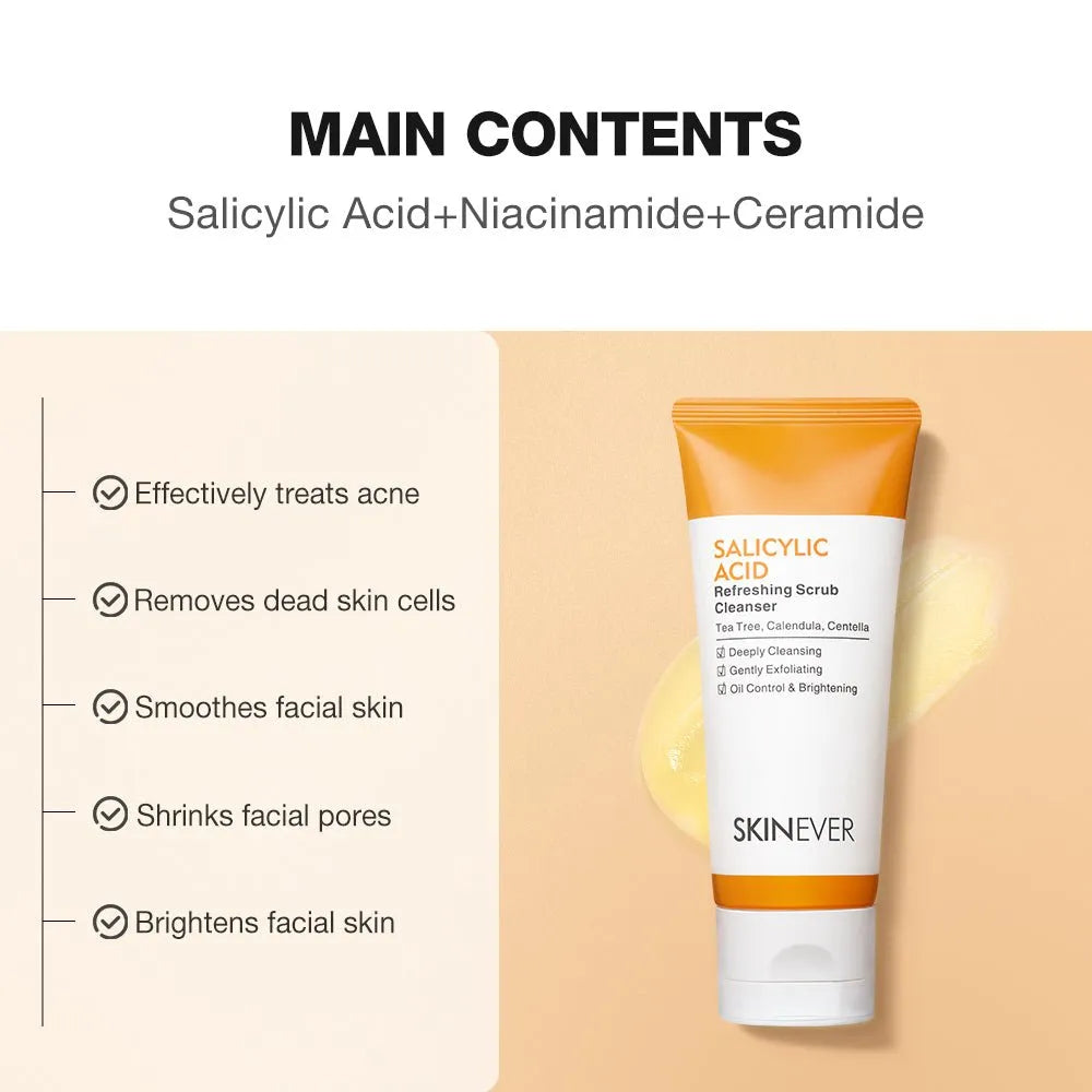 SKINEVER Salicylic Acid Revitalizing Scrub Cleanser tube shown on a peach background next to a text panel detailing its benefits with salicylic acid, niacinamide, and ceramide.