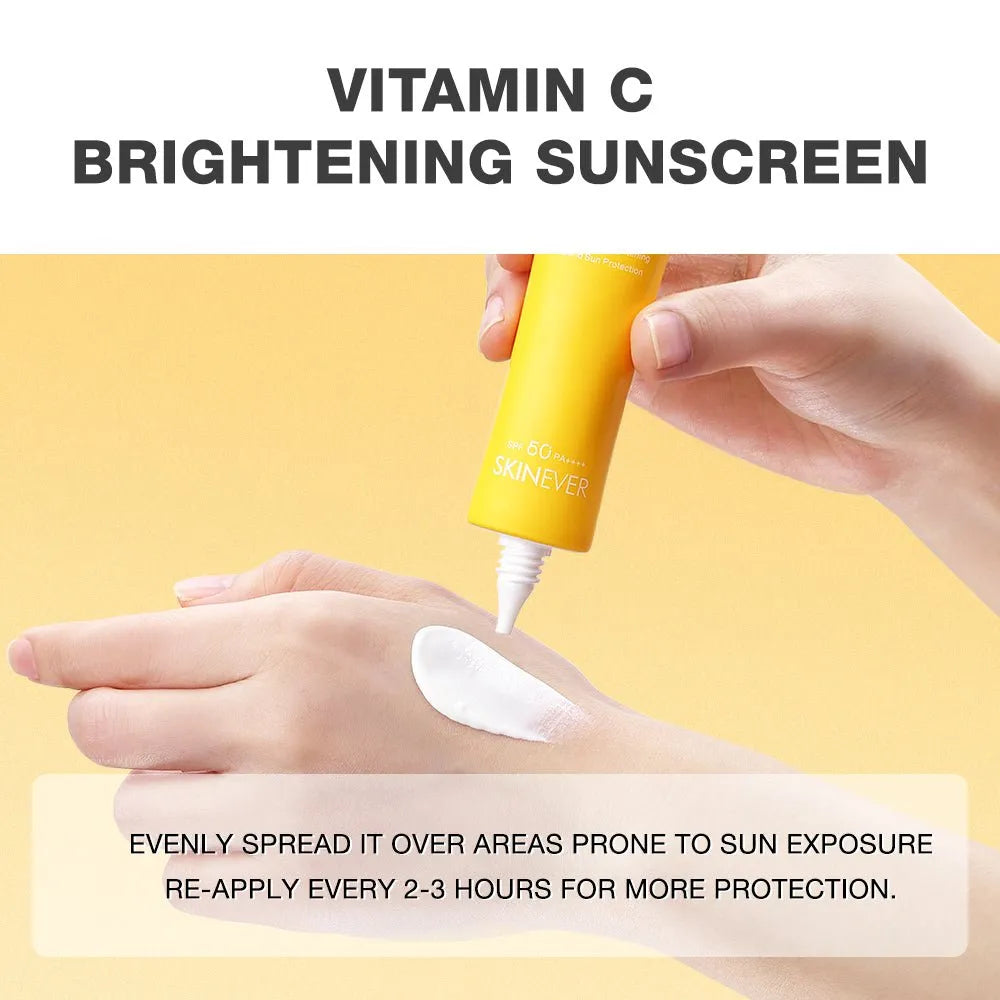 A hand applies white Vitamin C Brightening Sunscreen from a yellow tube onto the back of another hand, with text overlays explaining its use.
