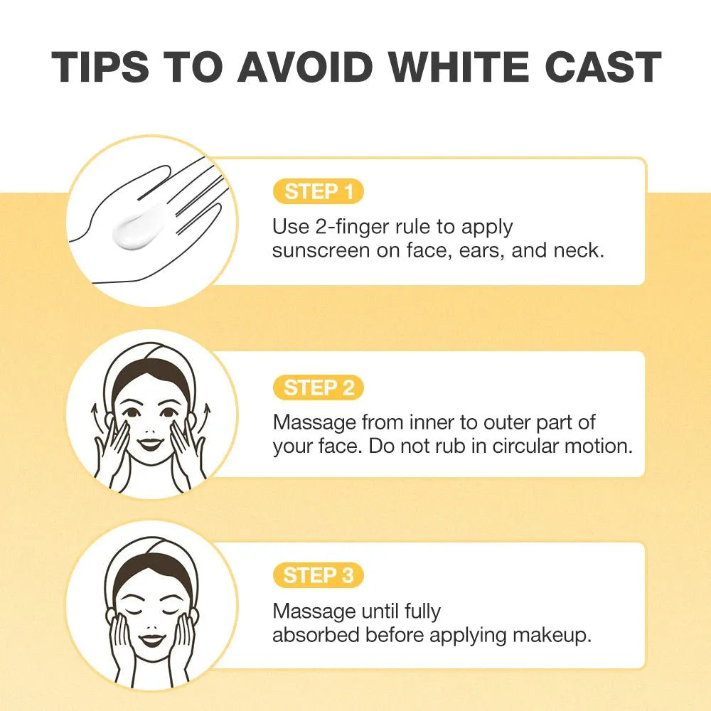 An infographic titled 'TIPS TO AVOID WHITE CAST' with three illustrated steps: applying sunscreen with a 2-finger rule, massaging the face, and absorbing it before makeup.