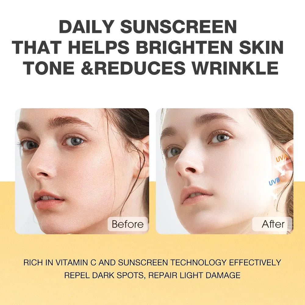 Before and after comparison of skin with daily sunscreen application on a white background.