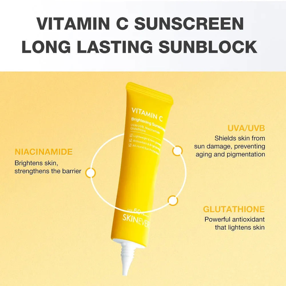 Yellow tube of vitamin C sunscreen with text on a yellow background