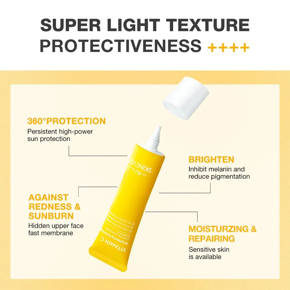 A yellow tube of Avantis Sunscreen with its cap floating above, surrounded by callout text on a pale yellow background. The text highlights features such as 360° protection, brightening, protection against redness and sunburn, and moisturizing and repairing benefits.