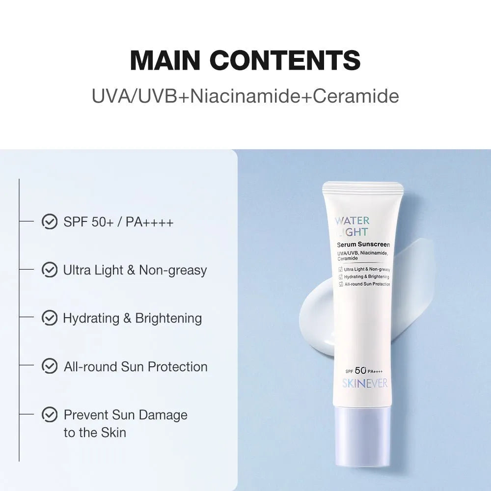 Skincare serum with SPF 50+ on a light blue background