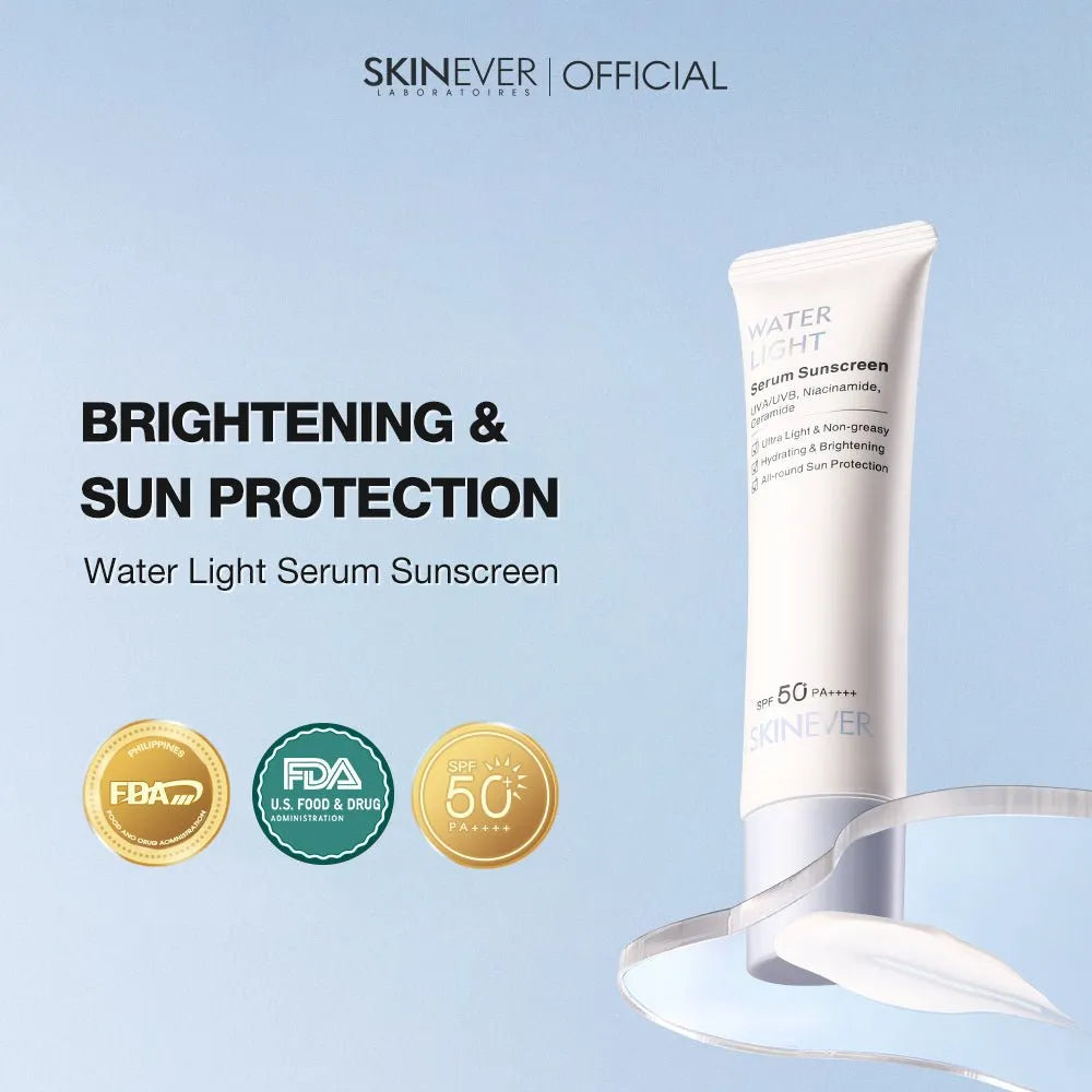 SKINEVER Water Light Serum Sunscreen SPF 50+ in a white squeeze tube, shown on a light blue background with promotional text and certification seals.