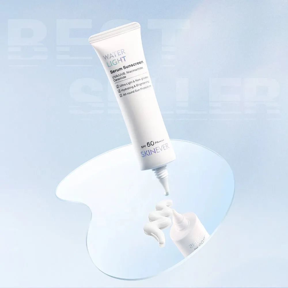 A white tube of SKINEVER Water Light Serum Sunscreen SPF 60 is shown tilted above a clear, irregular-shaped dish, with some product squeezed out onto the dish against a soft light blue background.