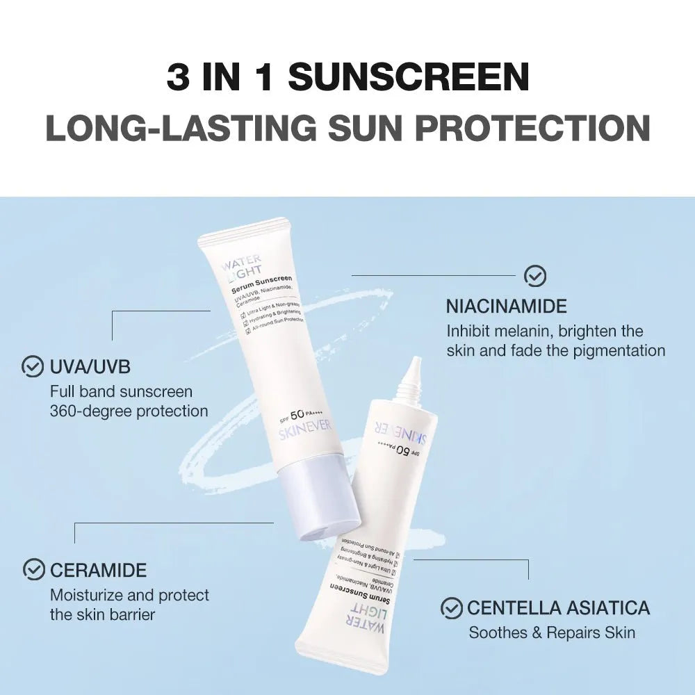Two sunscreen products with text highlighting their features on a light blue background